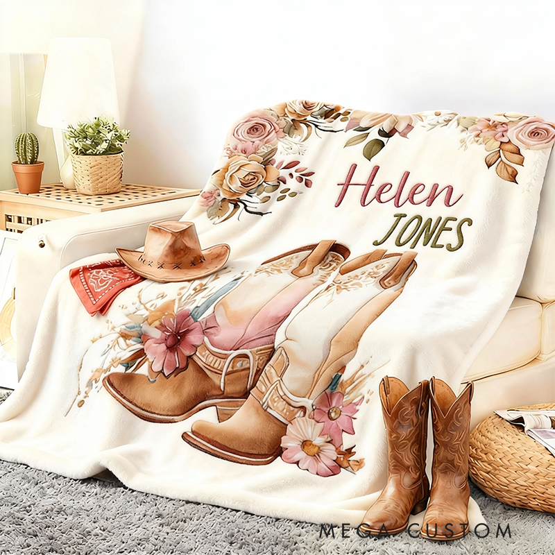 Personalized Floral Cowgirl Boots Western Soft Throw Blanket with Name Home Decor Western Nursery Birthday Gift for Cowgirls Friends