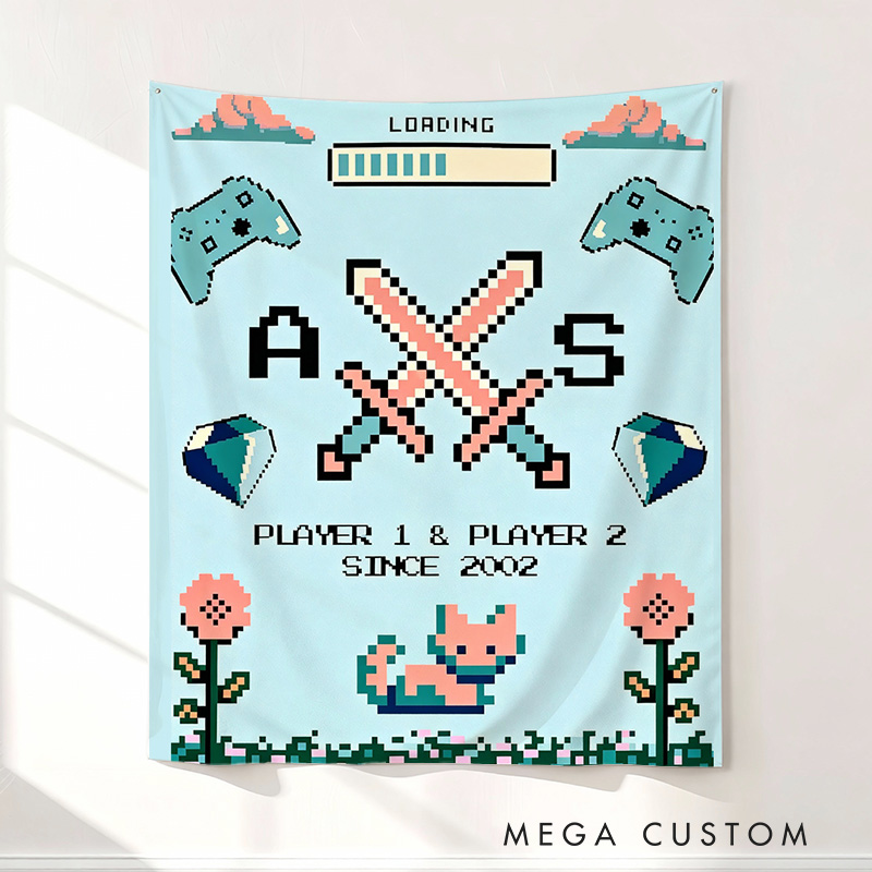 Personalized Loading Couple Tapestry Pixel Art Retro Video Game Tapestry Gift for Nerdy Wedding  Gaming Room Decor for Couples