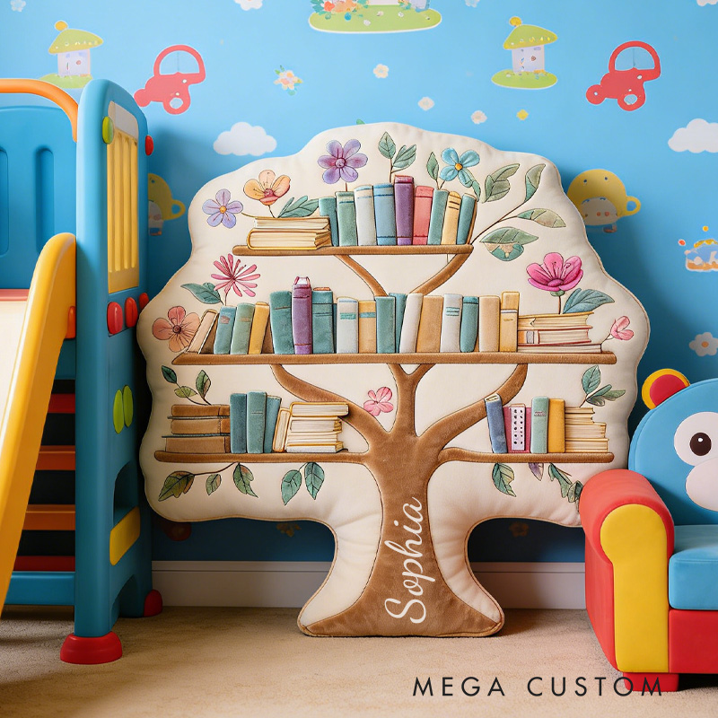Personalized Tree Bookshelf Throw Pillow Graphic 3D Print Floral Bookshelf Pillow with Name for Book Lover Bookish Bookworm Reader Christmas Gift