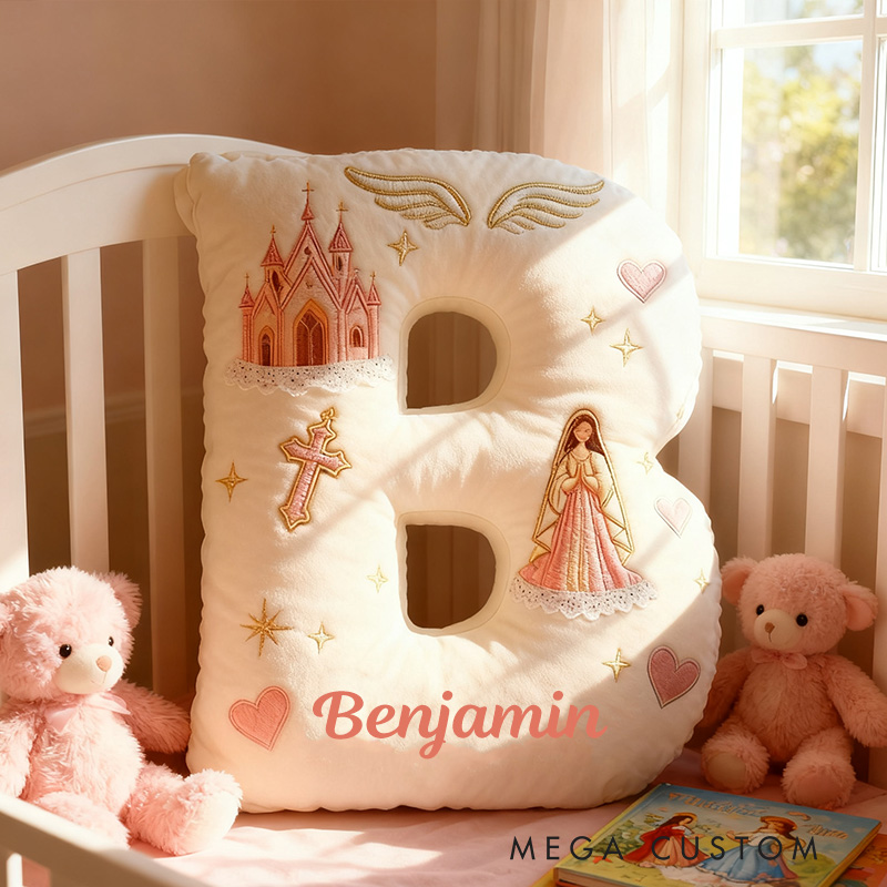 Personalized Virgin Mary Letter Pillow with Custom Name Kid Room Decor Church Cross Angel Wing Religious Faith Gift for Her Graphic 3D Print Pillow