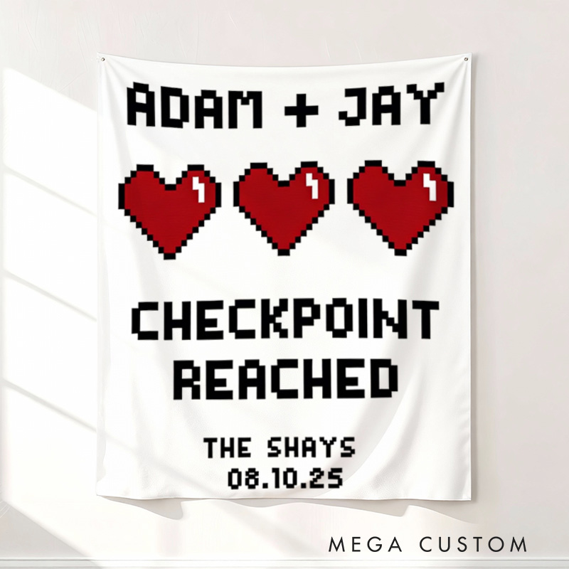Personalized Checkpoint Couple Tapestry Pixel Art Retro Video Game Tapestry Gift for Nerdy Wedding  Gaming Room Decor for Couples