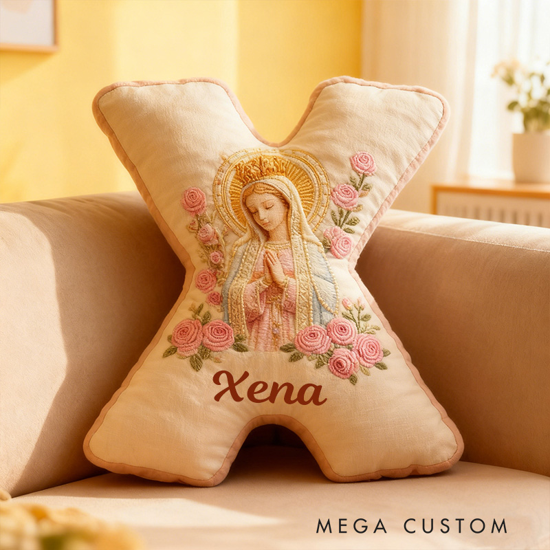 Personalized Our Lady of Guadalupe Letter Pillow with Custom Name Home Decor Catholic Gift for Prayer & Faith Virgin Mary Pink Rose Graphic 3D Print