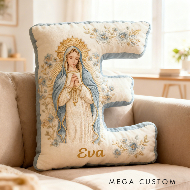 Personalized Virgin Mary Letter Pillow with Custom Name Religious Home Decor Catholic Gift for Her Prayer & Faith Gift Floral Graphic 3D Print Pillow