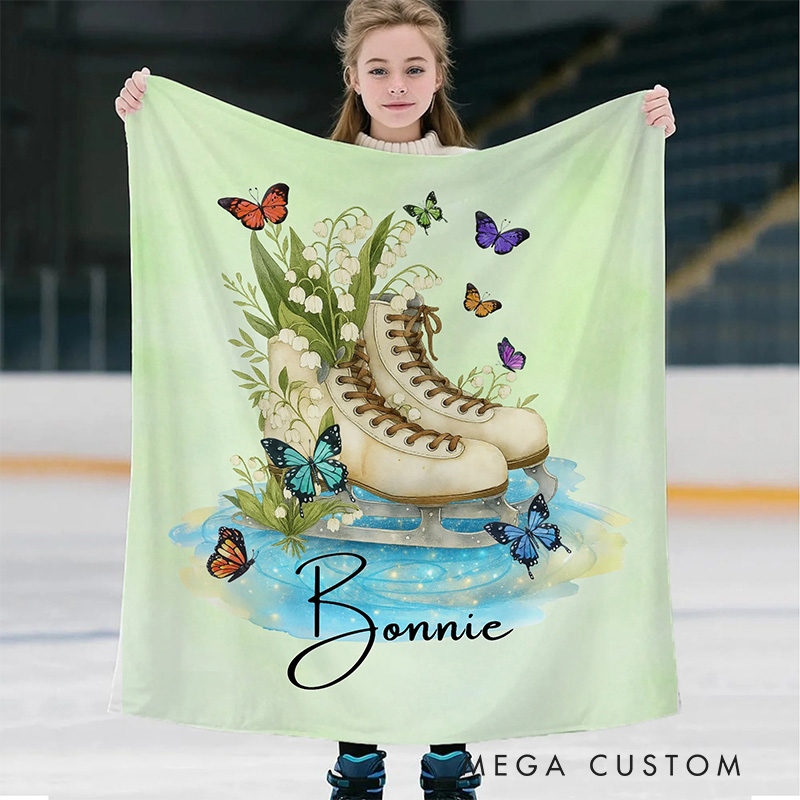 Personalized Birth Flower Ice Skates Blanket Flannel Blanket Figure Skater Blanket with Name for Ice Skating Lovers Birthday Gift for Girls