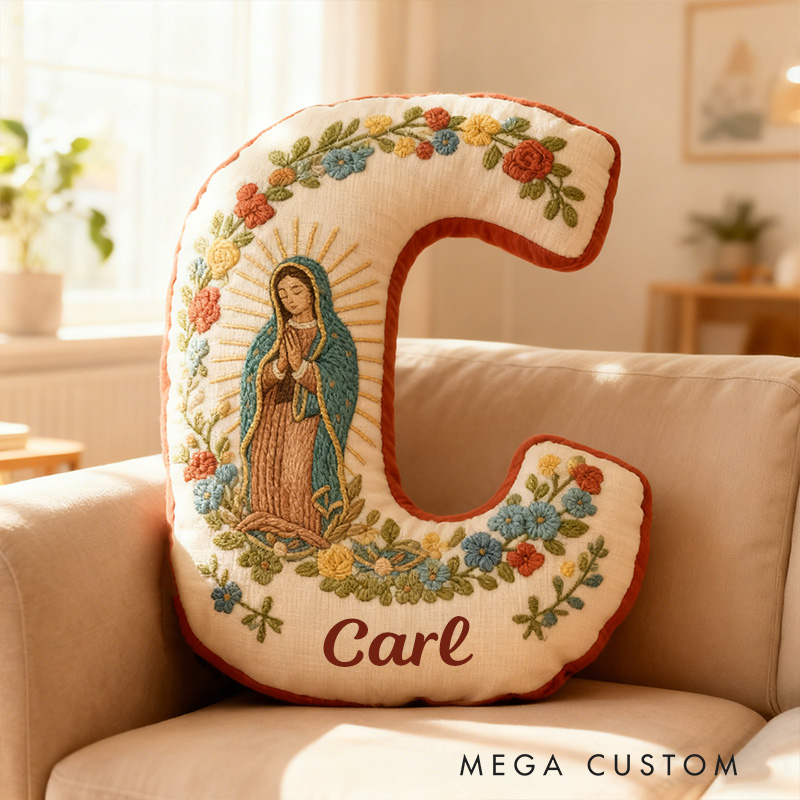 Personalized Virgin Mary Letter Pillow with Custom Name Faith Christian Home Decor Catholic Gift for Her Our Lady of Guadalupe Floral Graphic 3D Print