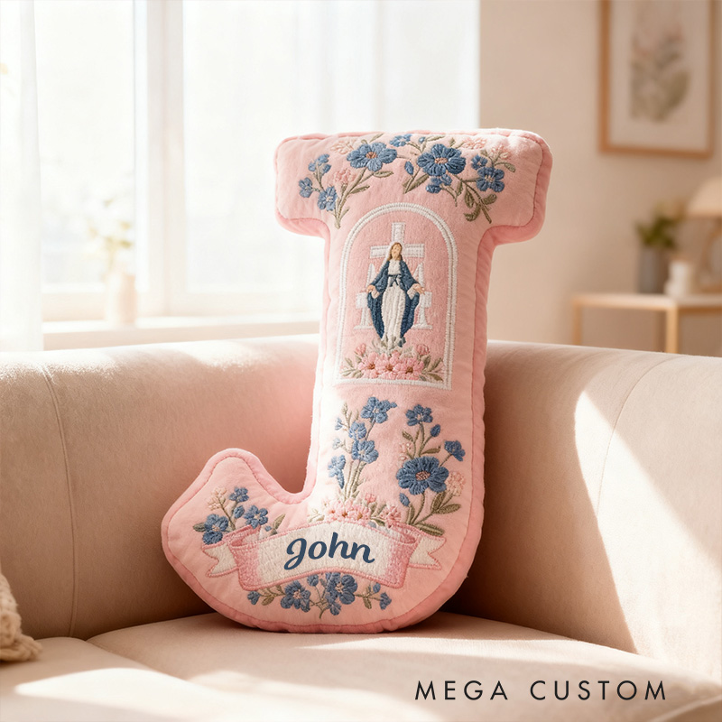Personalized Virgin Mary Letter Pillow with Custom Name Home Decor Religious Gift Catholic Gift for Her Cross and Marian Graphic 3D Print Pillow