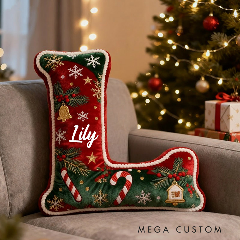 Personalized Christmas Initial Pillow Graphic 3D Print Custom Name Festive Holiday Decor Cozy Home Accent Soft Cushion Gift for Kids Family