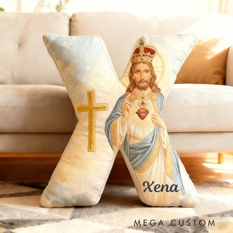 Personalized the Sacred Heart of Jesus Letter Pillow with Custom Name Religious Home Decor Christian Gift for Prayer & Faith Graphic 3D Print Pillow