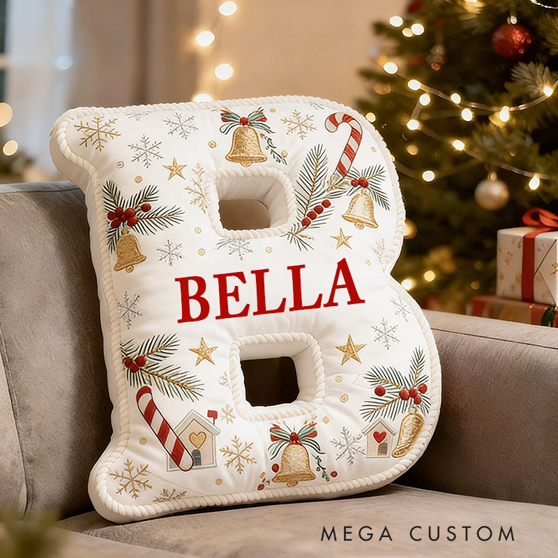 Personalized Christmas Initial Pillow Graphic 3D Print Custom Name Pillow Festive Holiday Decor Cozy Home Accent Soft Cushion Gift for Family and Kids 