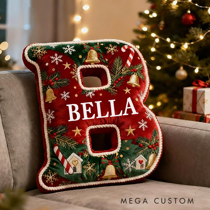 Personalized Christmas Initial Pillow Graphic 3D Print Custom Name Pillow Festive Holiday Decor Cozy Home Accent Soft Cushion Gift for Kids Family