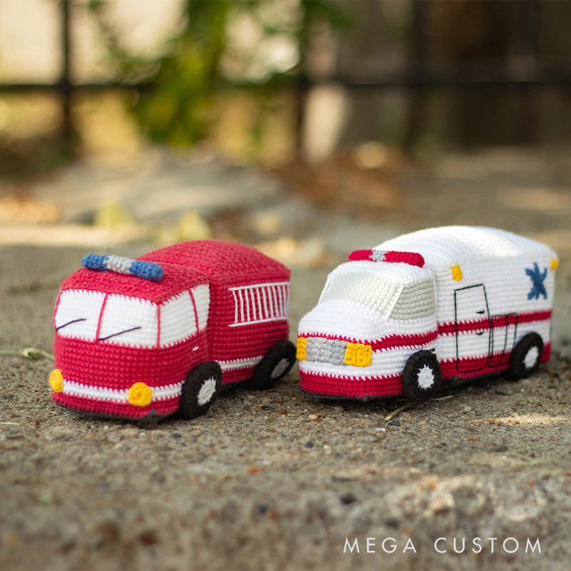 Handmade Crochet Vehicle Toys Fire Truck Ambulance Police Car and Taxi Pattern Kit or Finished Toy