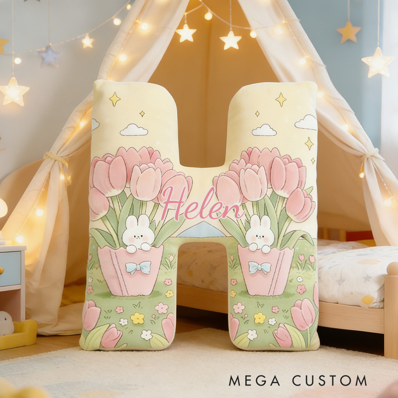 Personalized Rabbit and Tulip Throw Pillow Graphic 3D Print Tulip Pillow with Name for Girl Boy Kids Gardening Lover Christmas Gifts Loving Room Decor