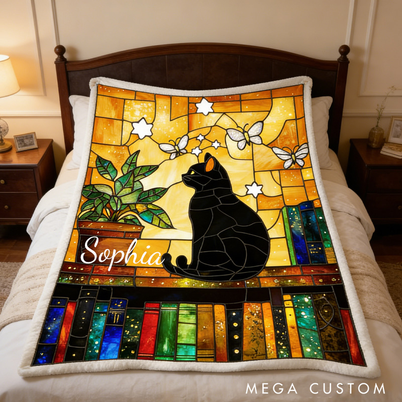 Personalized Stained-Glass Style Books Throw Blanket Custom Book and Cat Blanket for Book Lovers Reader Bookish Bookworm Librarian Gift