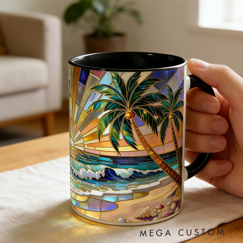 Personalized Beach Sunrise Stained Glass Style Mug Custom Name for Traveling Lovers
