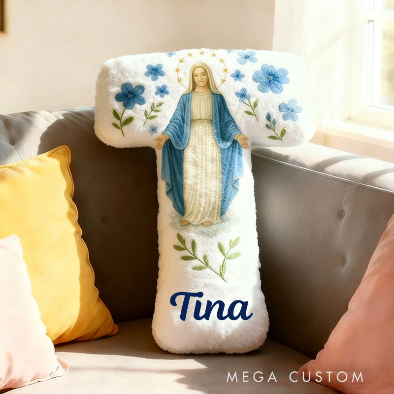 Personalized Catholic Virgin Mary Letter Pillow with Name Home Decor Our Lady Pillow Blue Floral Catholic Marian Pillow Christian Gift for Women