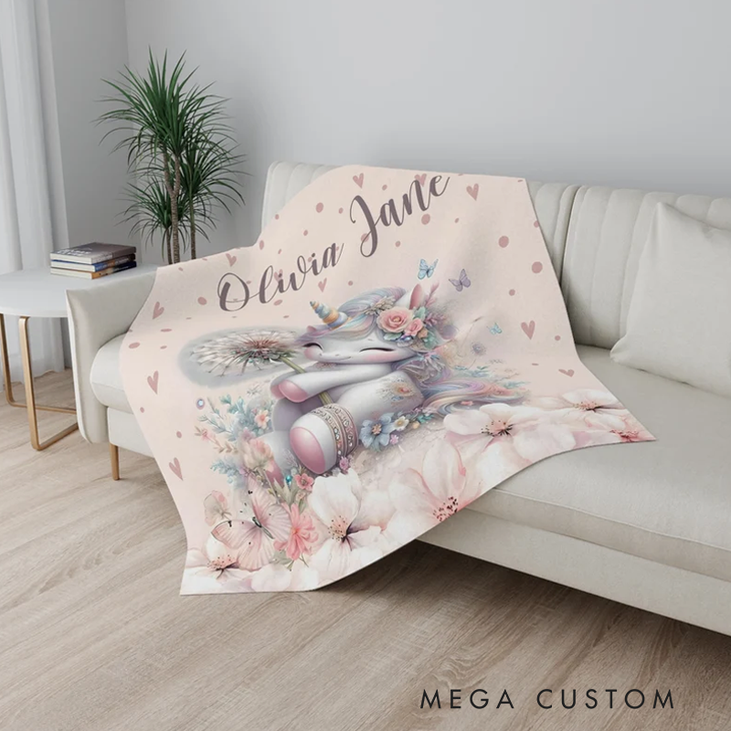 Personalized Christmas Blanket Little Unicorn Kids Custom Name Blanket Spring Floral Baby Shower Gift For Girls
