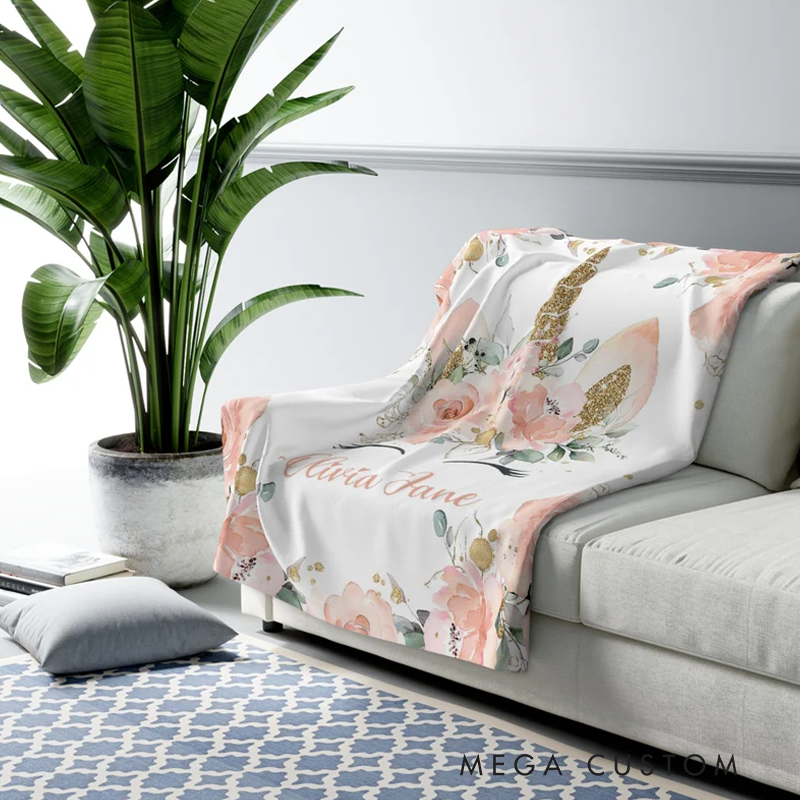 Personalized Christmas Blanket Kids Custom Name Blanket Pink Flowers Magic Girl Room Decor Kids Custom Name Gift Magic Throw Best Fan Gift