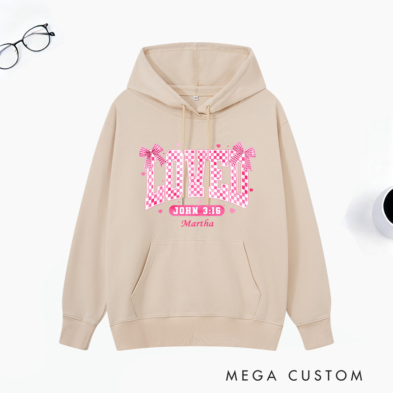 Personalized Checkered Loved John 3:16 Bible Verse Classic Hoodies with Name Retro Hoodies Religious Gift Valentines Day Gift for Couple