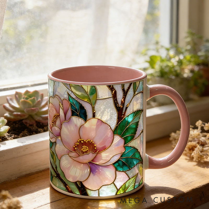 Personalized Stained Glass Style Wildflower Mug Cottage core Floral Ceramic Mug Custom Name for Gardening Lovers