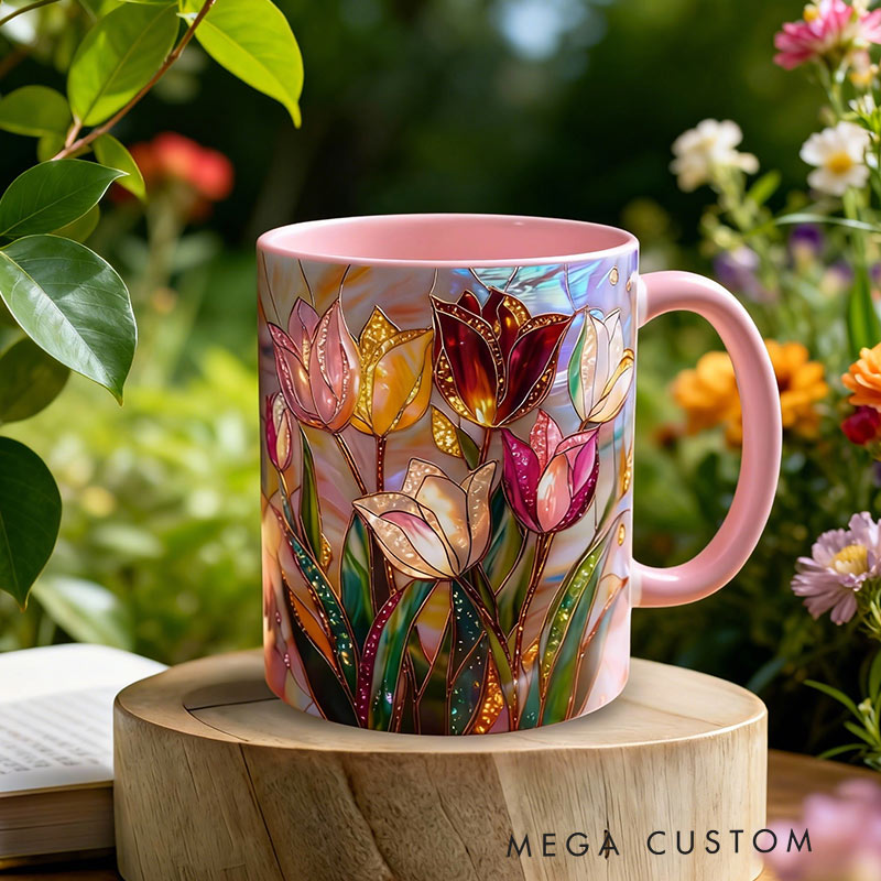 Personalized Stained Glass Print Tulip Mug Floral Art Mug Custom Name for Gardening Lovers