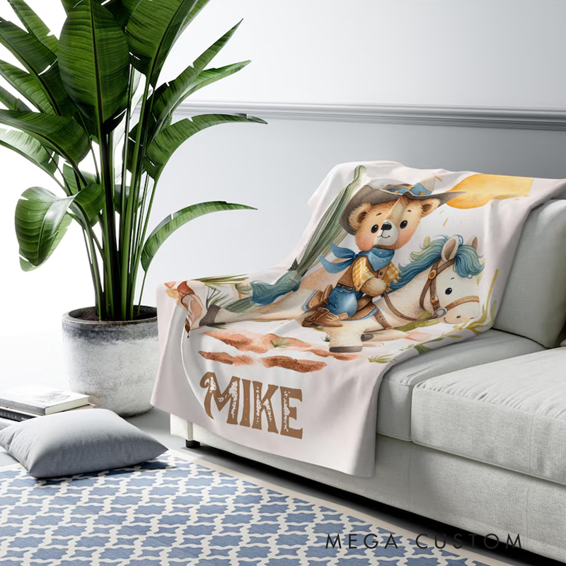 Personalized Cowboy Horse Blanket Personalized Western Nursery Blanket Toddler Animals Throw Kids Custom Name Blanket Baby Shower Gift For Boys