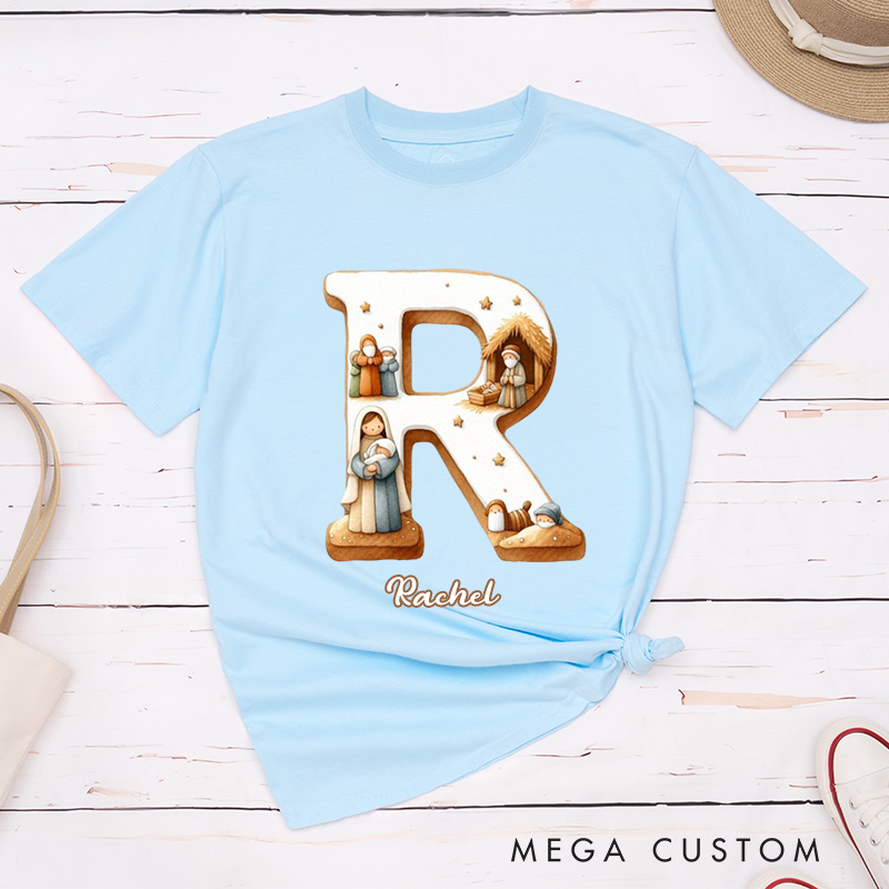 Personalized Nativity Scene Classic T-Shirt with Initial and Name Christian Shirt Religious Gift Faith Gift for Christians