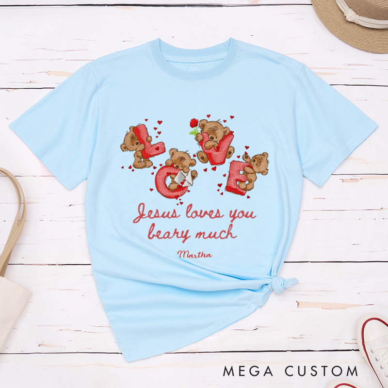 Personalized Jesus Loves you Beary Much Retro Bear Heart Valentine Classic T-Shirt with Name Christian Shirt Religious Gift Valentine's Day Gift for Her