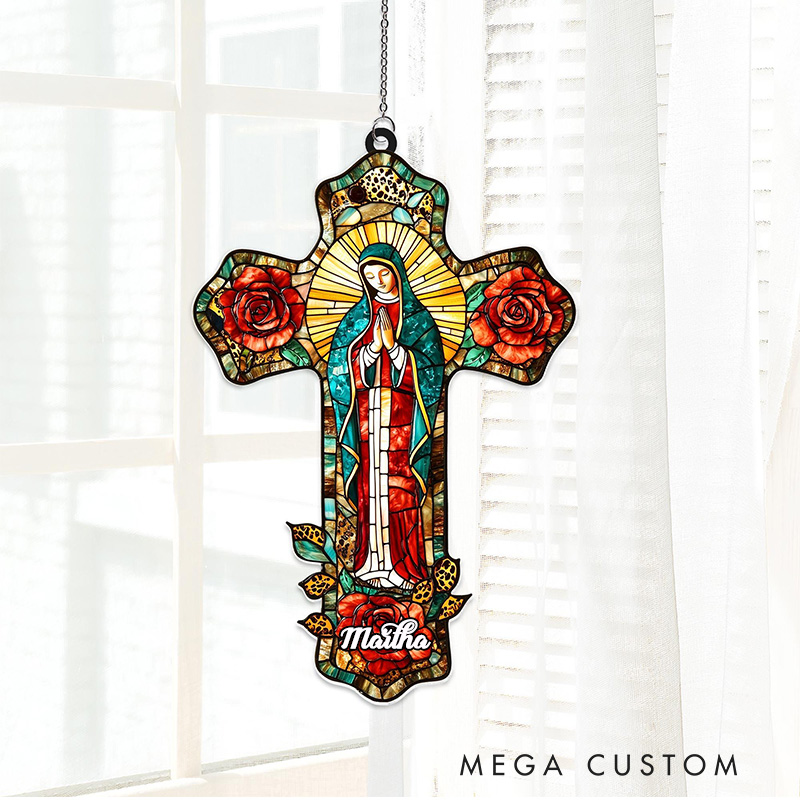 Personalized Lady of Guadalupe Cross Suncatcher with Custom Name Religious Virgin Mary Window Decor Mother of God Catholic Gift for Her