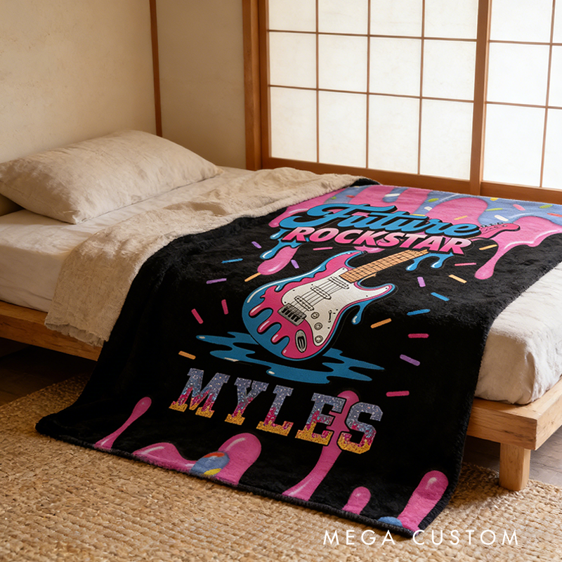 Personalized Future Rockstar Blankets for Kids with Name Electric Guitar Blanket Boys Room Decor Cool Custom Kids Blanket Music Lovers