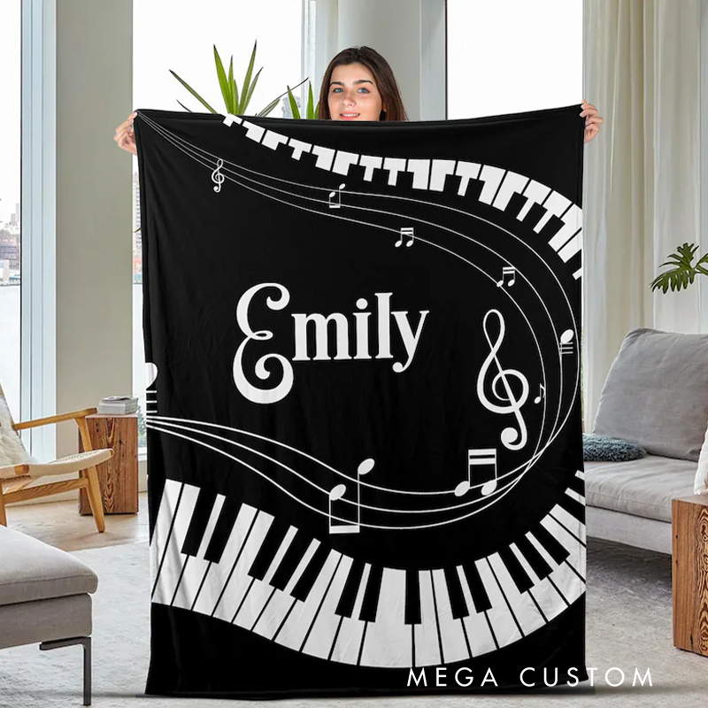 Personalized Piano Blanket Music Blanket Custom Name Velveteen Plush Blankets Gift for Piano Lover