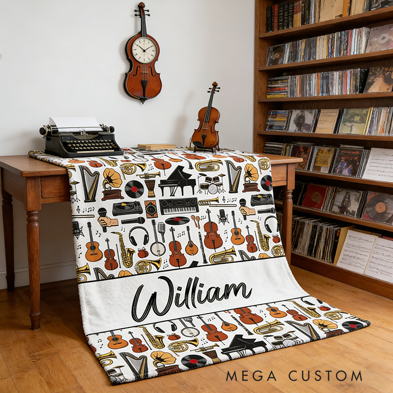 Personalized Music Blanket Custom Name Blanket Gift for Musician and Music Lover