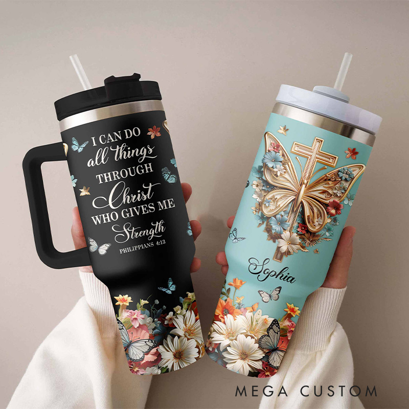 Personalized I Can Do All Things Through Christ 40oz Tumbler with Custom Name Handle and Straw Insulated Large Water Bottle Cup Religious Gift for Her
