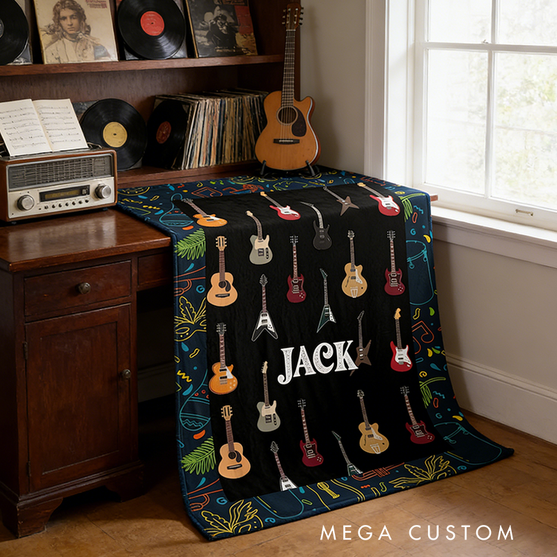 Personalized Guitar Name Blanket Fleece Sherpa Blanket with Name Electric Guitar Blanket Room Decor Cool Custom Blanket Music Lovers