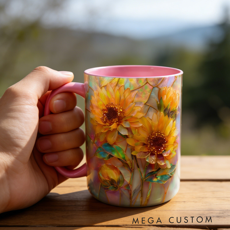 Personalized Stained Glass Sunflower Mug Floral Art Mug Custom Name for Gardening Lovers