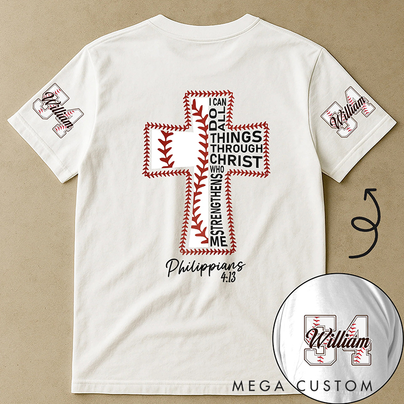 Personalized Baseball and Faith T-Shirt with Philippians 4:13 and Custom Name Christian Sports Gift Religious Gift for Baseball Lover