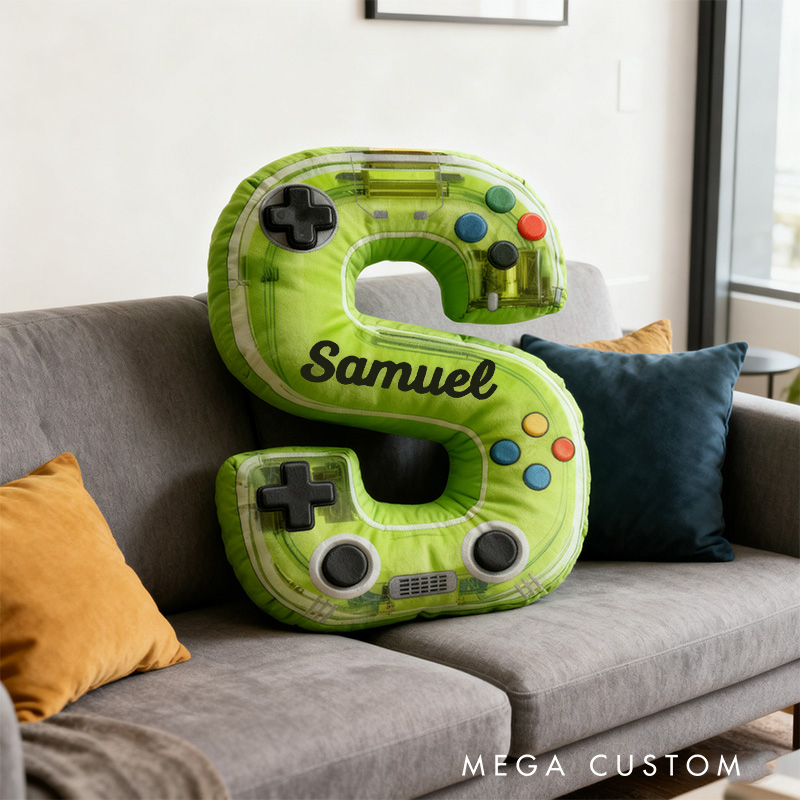 Personalized Graphic 3D Print Neon Controller Alphabet Shaped Pillow for Game Lovers Initial Pillow Christmas Gift for Kids