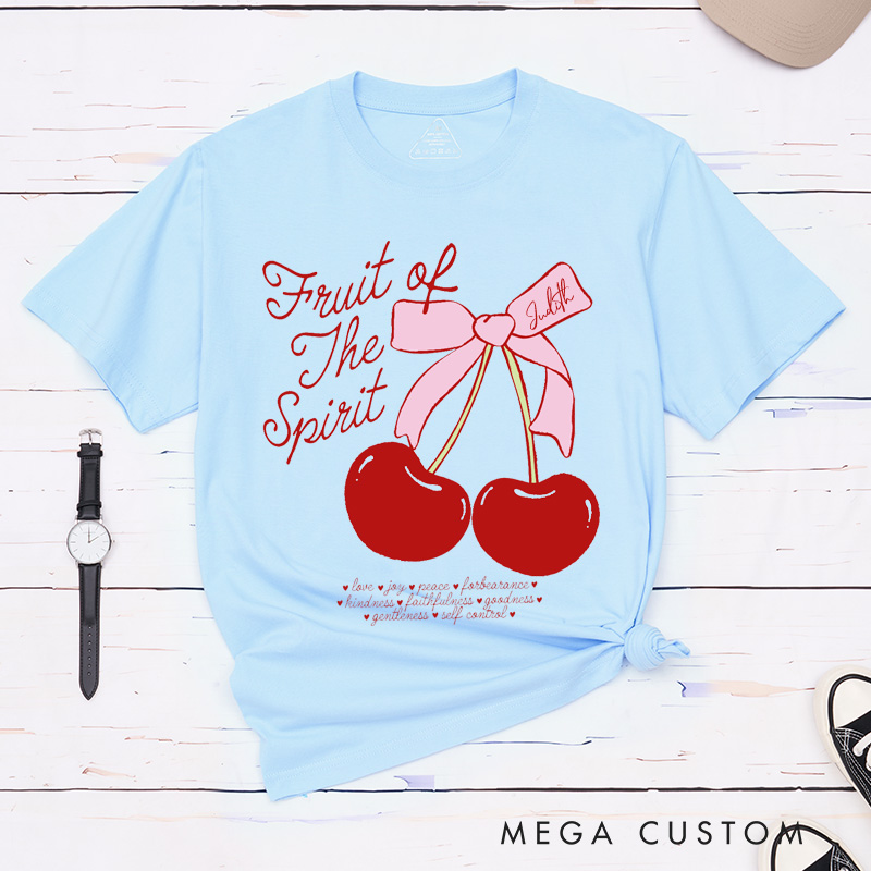 Personalized Fruit of the Spirit Cotton T-Shirt with Name Fun Doodle Cherry Bow Shirt Christian Bible Verse Unisex Classic T-Shirt Christian Gift