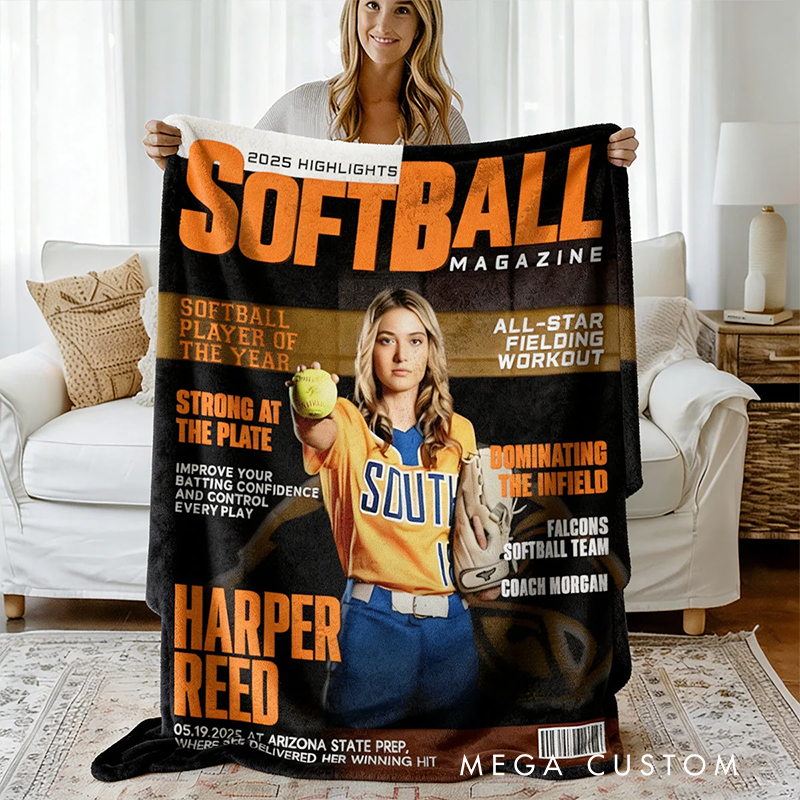 Personalize Your Softball Magazine Blanket with Custom Name and Photo Design