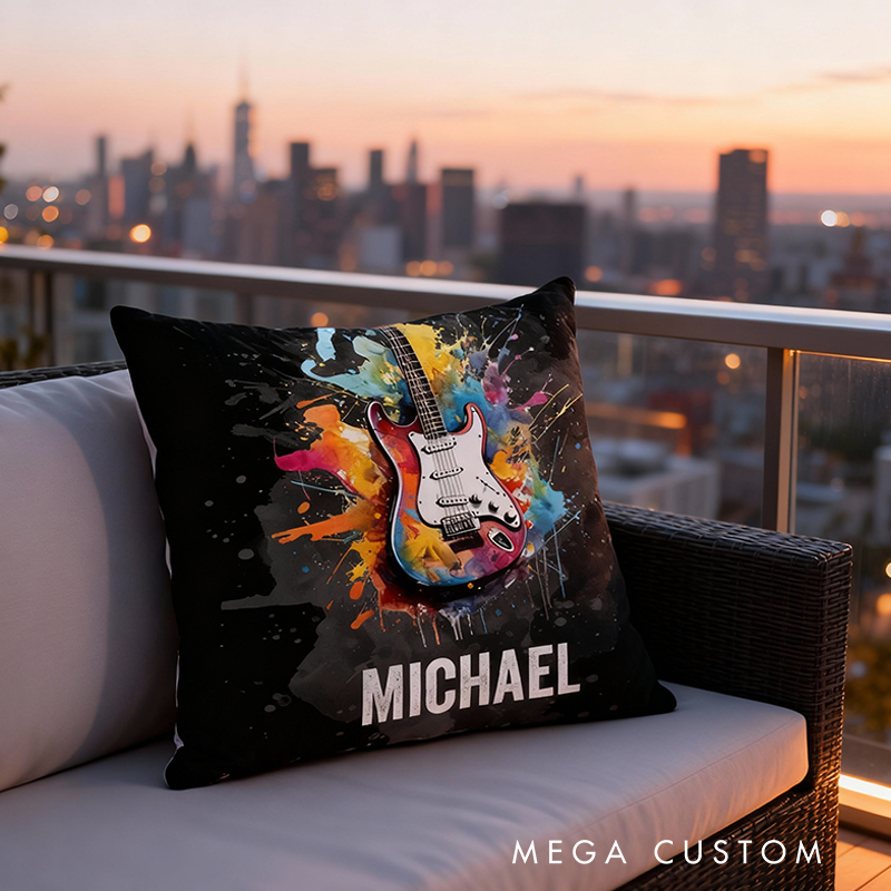 Personalized Multicolor Splash Ink Electric Guitar Pillow with Name Music Room Decor Gift for Guitar Player