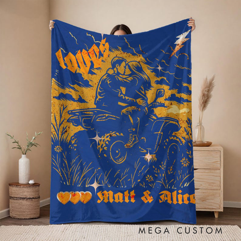 Personalized ATV Couple Velveteen Plush Blanket Custom Names and Colors Quad Rider Blanket Gift for Biker Lovers and Valentines Day