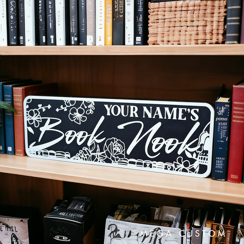 Personalized Floral Bookish Library Sign 3D Printed Book Nook Decor with Name Bookshelf Shelf Sitter Book Lover Gift for Bookish Bookworm Reader
