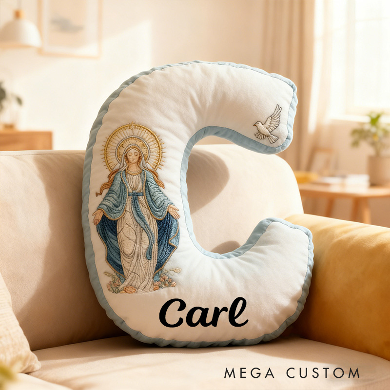 Personalized Virgin Mary Letter Pillow with Custom Name Christian Home Decor Catholic Gift for Her Our Lady of Grace Doves and Floral Graphic 3D Print