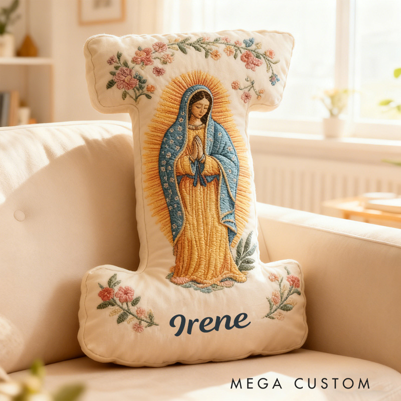 Personalized Virgen de Guadalupe Letter Pillow with Custom Name Religious Home Decor Catholic Gift for Her Blessed Mother Gift Floral Graphic 3D Print
