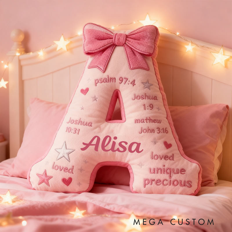Personalized Pink Coquette Bow Bible Verses Letter Pillow with Custom Name Kid Room Decor Religious Gift for Kids Christian Quotes Graphic 3D Print
