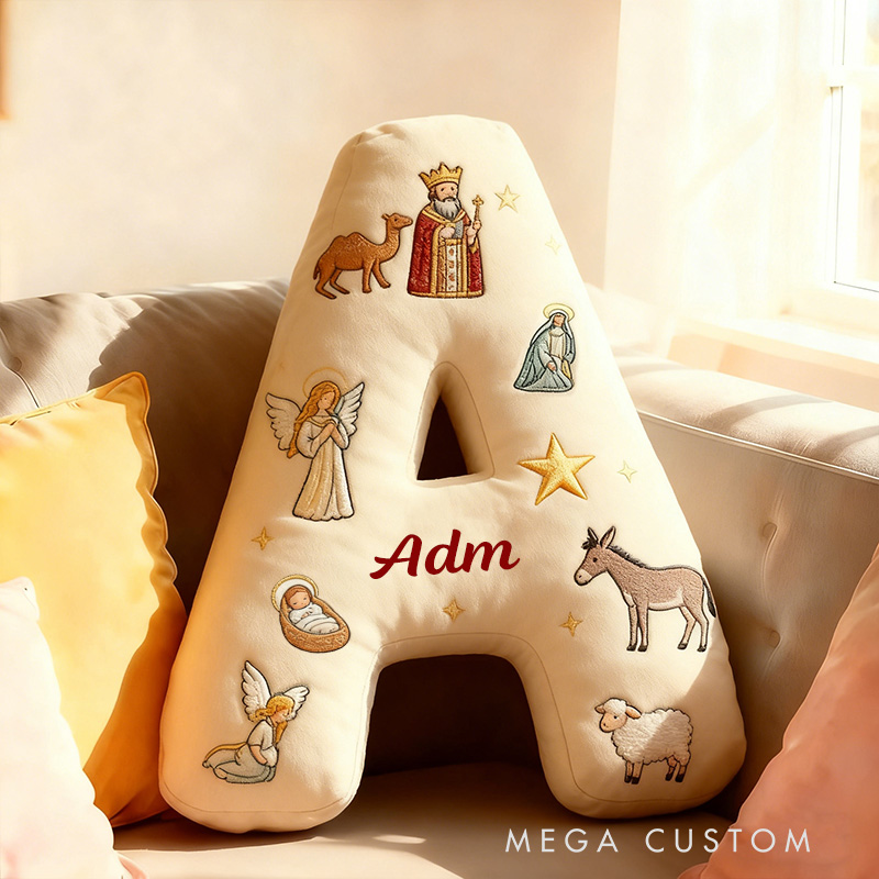 Personalized Christmas Nativity Ccene Letter Pillow with Custom Name Hoom Decor Christian Gift Baby Jesus Angel Shepherd Camel Donkey Graphic 3D Print