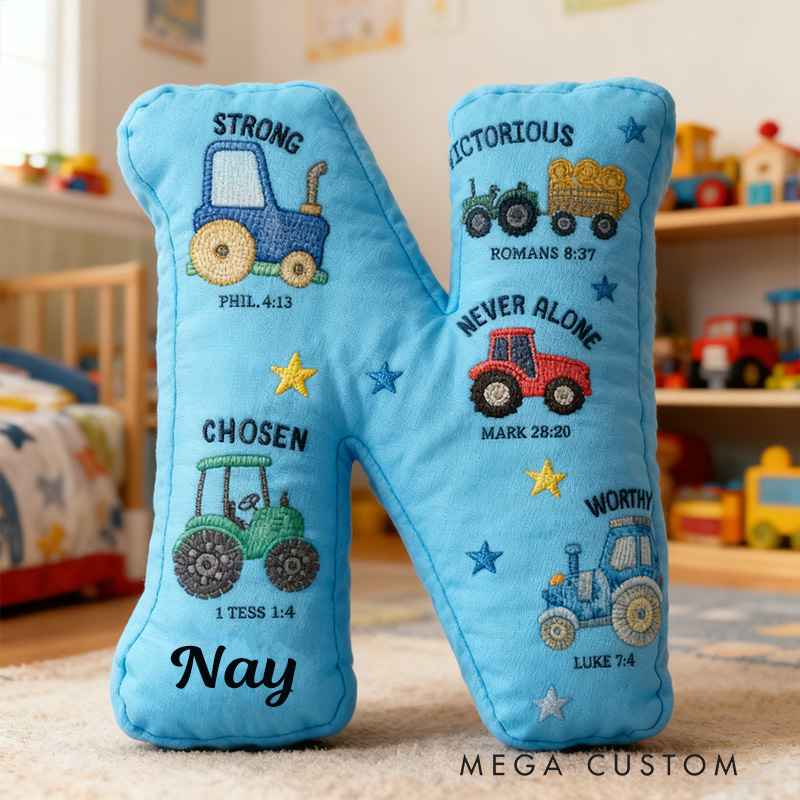 Personalized God Says I am Bible Verse Tractors Letter Pillow with Custom Name Kids Room Decor Religious Gift for Boys Scripture Baptism Gift 3D Print