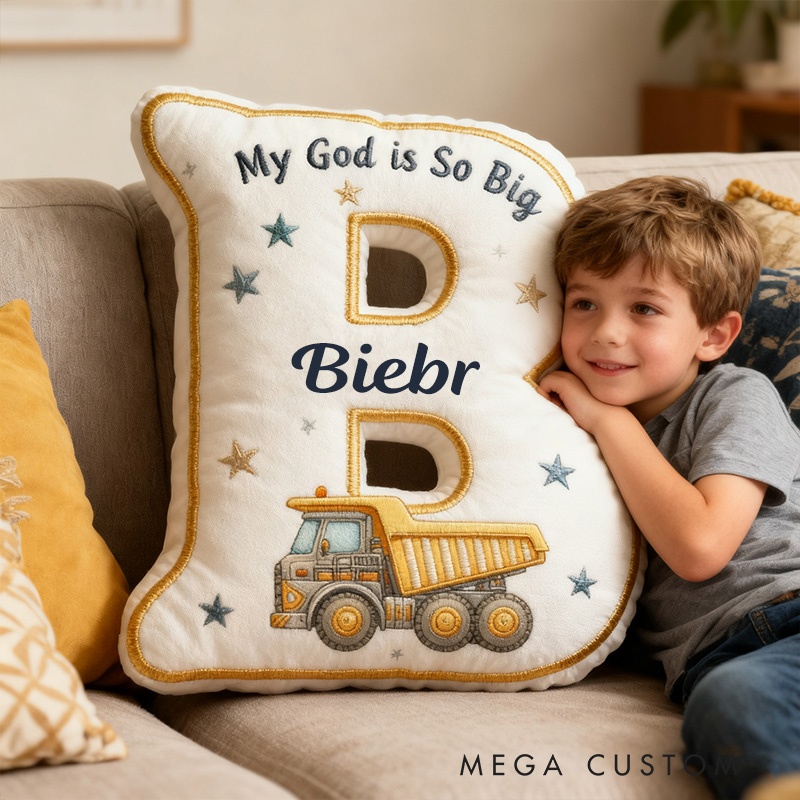 Personalized My God is so Big Excavator Letter Pillow with Custom Name Kid Room Decor Religious Gift for Kids Christian Quotes Gift Graphic 3D Print