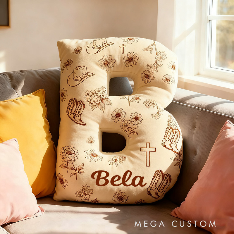 Personalized Rustic Cross Letter Pillow with Custom Name Home Decor Vintage Cowboy Hat Boot Flower Pillow Religious Christian Gift