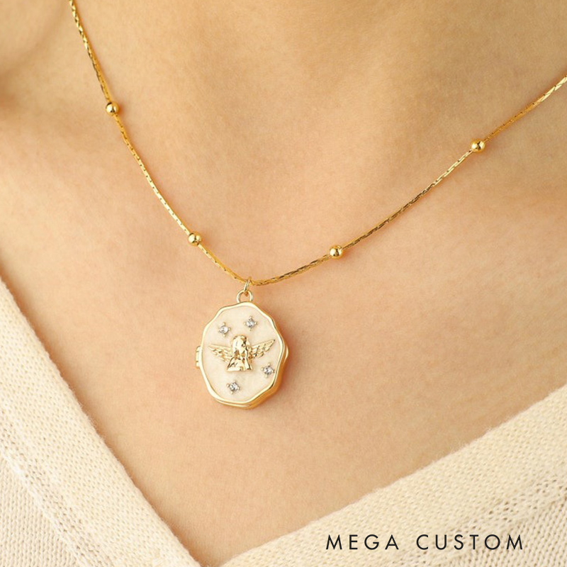 Personalized Angel Locket Necklace with Photo Vintage Locket Necklace Memorial Jewelry Necklace for Loss of Loved One