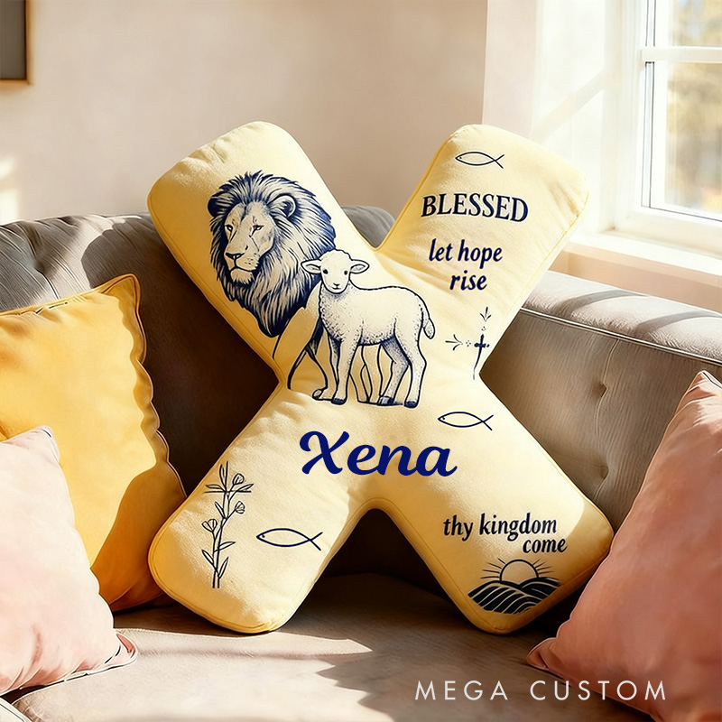 Personalized Lion and Lamb Blessed Letter Pillow with Custom Name Home Decor Fish Cross Olive Branch Pillow Religious Christian Gift
